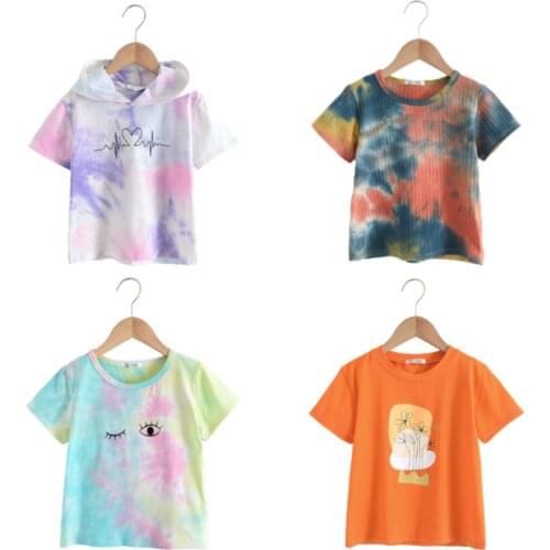 Girls T-Shirts 2021 Summer Baby Boys Girls Fashion Tops Short Sleeve Children Tie-dye Cartoon Print Cotton Clothing
