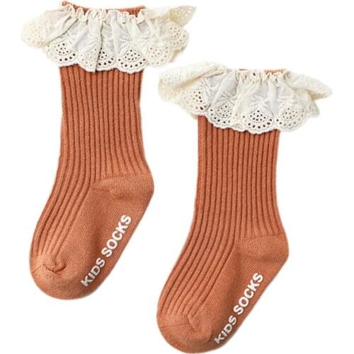 Toddler Infant Baby Girls Knee High Socks with Grips Ruffled Lace Ribbed Knit Solid Color Non-Skid Cotton Long Stockings