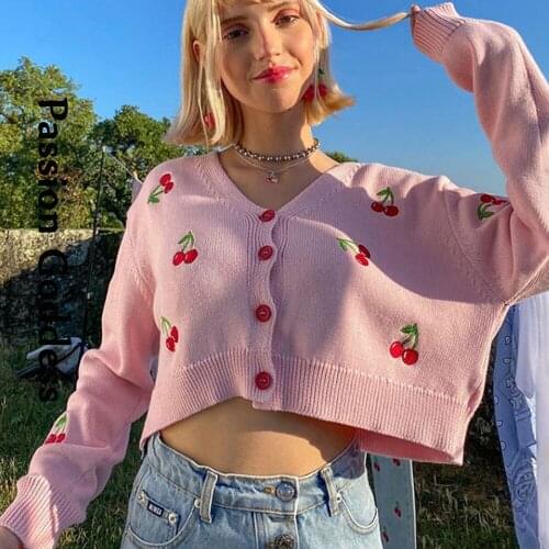 Women Girls Cute Cherry Knitted Sweater Cardigans Tops V Neck Single-breasted Cardigans Knitwear Sweater Autumn Crop Cardigans