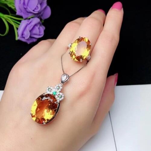 Yellow fashion citrine ring and necklace jewelry set 925 sterling silver fine jewelry bright yellow birthday party gift