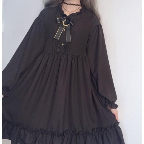 Kawaii Gothic Lolita Dress Cute Fairy Harajuku Mall Goth Black Party Dresses Long Sleeve Ruffles Dark Academia Cosplay