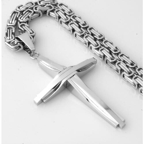 Fashion Silver Color Cross Christ Jesus Pendant Necklace Stainless Steel Byzantine Chain Heavy Men Christian Crucifix Jewelry