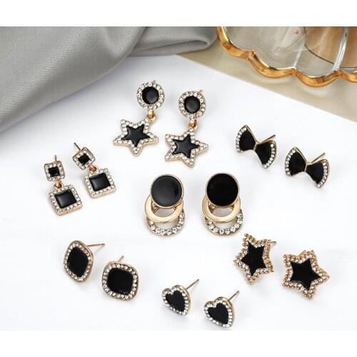 Fashion Geometric Black Earrings Female Temperament Square Round Pentagram Star Bow Love Earrings Friend Wedding Gift