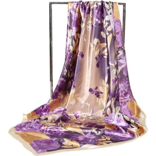 Fashion Women Scarf Luxury Brand Floral Print Hijab Silky Satin Shawl Scarfs Foulard Square Head Scarves Wraps 2019 NEW 90x90cm