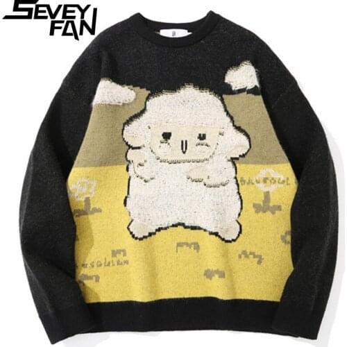 SEVEYFAN Mens Cartoon Sheep Jacquard Sweater Color Contrast Loose Cotton Pullover Knitwear for Couples