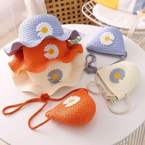 Summer New Fashion Hand-woven Small Daisy Children Hat and Shoulder Bag Solid Color Cute Girl Straw Sun Hat Kids Bonnets