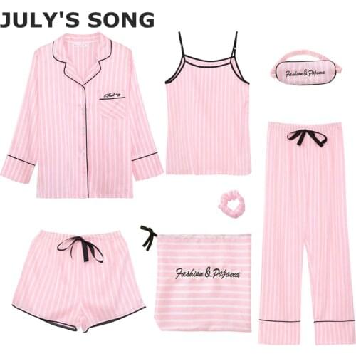 JULYS SONG Pink Womens Emulation Silk Striped Pajamas 7 Pieces Pajamas Sets Women Sleepwear Sets Spring Autumn Homewear