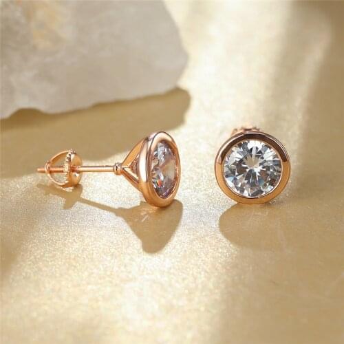 Simple Female Crystal Round Small Earrings Charm Rose Gold Color Wedding Earrings Cute White Zircon Stud Earrings For Women