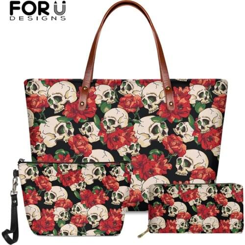FORUDESIGNS Luxury Women Brand Handbags Goth Skull Rose Printing Casual Shoulder Bag Large Capacity Top-handle Bags Wallet Bolso