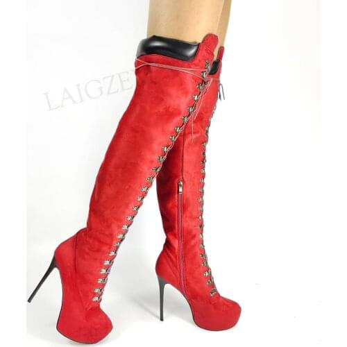 SEIIHEM SUPER Women Over Knee Platform Boots Wide Calf Fiendly Faux Suede Boots Unisex Ladies Zapatos Botas Big Size 44 47 50 52