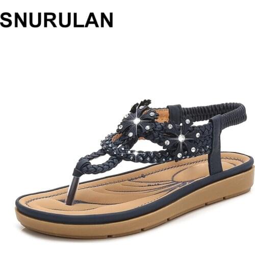 SNURULAN Womens sandals; 2019 collection Hot Sales womens shoes; fashionable flat sandals with rhinestones; summer beach shoes
