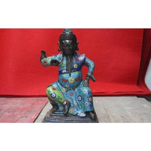 Temple Pure Bronze Copper Cloisonne Enamel Guan Gong GuanYu warrior God Statue