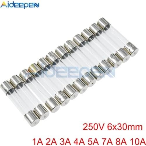 10Pcs 250V 6x30mm Quick Blow Glass Tube Fuse Assorted Kits Fast-blow Glass Fuses 1A 2A 3A 4A 5A 7A 8A 10A (1-10A)