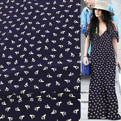 Gestures pattern print pure silk Crepe DE chine fabric deep blue bottom,SCDC960