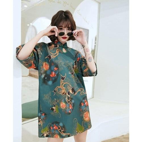 Yulh Traditional Chinese Hanfu Qi Pao Women Retro Cheongsam Girl Japanese Harajuku Vintage Carp Crane Printed Party Qipao Dress