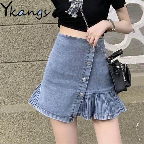 Sexy Elegant Summer Classic Women High-Waist Pleated Skirt Blue Ruffles Irregular Big Size Mini Vintage Package Hip Denim Skirts