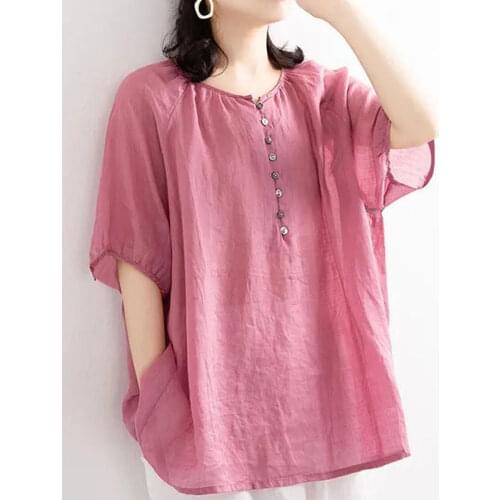 Women Blouse 2021 Summer Plus Size Tops Loose 100% Cotton Linen Tee Shirt Short Sleeve Female Clothes Ladies Casual Tunic