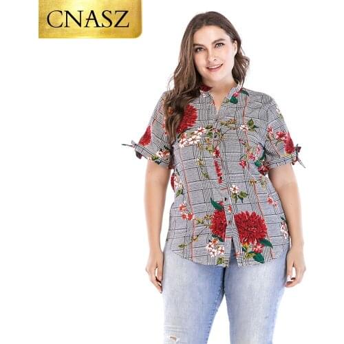 Ladies Plaid Button Front Open T-Shirt Flower Print New Arrival Short Sleeve Blouse