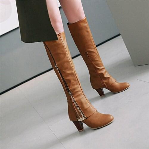 PXELENA 5 Colors Women Riding knee High Boots Design Zipper Square High Heels Motorcycle Long Boots Lady Shoes 2018 Winter New