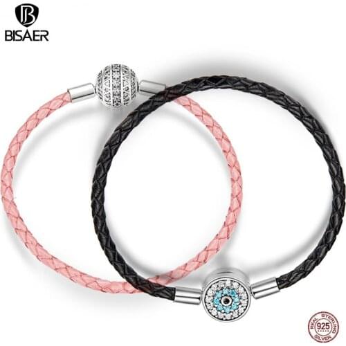 BISAER Real 925 Sterling Silver Pink Rope Leather Bracelets for Women Clear CZ Round Clasp Rope Bracelets Silver Jewelry ECB114