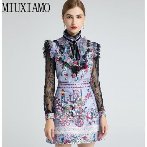 MIUXIMAO 2021 Spring Summer Womens Wear New Retro Printed Lace Stitching Long Sleeve Shirt+overskirt Set Two-piece Set Vestido