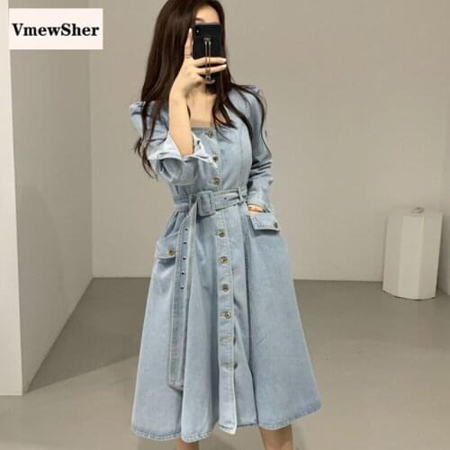 VmewSher Spring Women Long Denim Dress 2021 New Belt High Waist Casual Square Collar Single Breasted Pocket Chic Jean Dresses