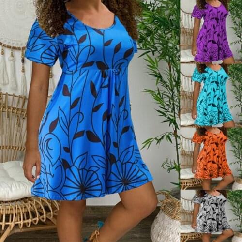 2021 Summer Dresses New Women Casual Short Sleeve O-Neck Print A-Line Dress Large Size Streetwear Sundress Loose Dress