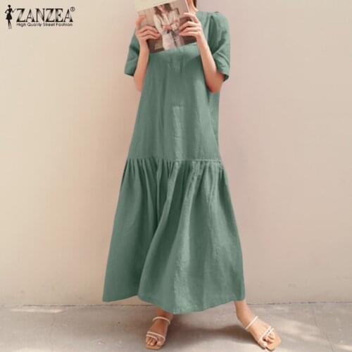 ZANZEA Women Casual Solid Kaftan Elegant Long Shirt Dress Party Holiday O Neck Ruffle Hem Maxi Vestidos Female Stylish Robe