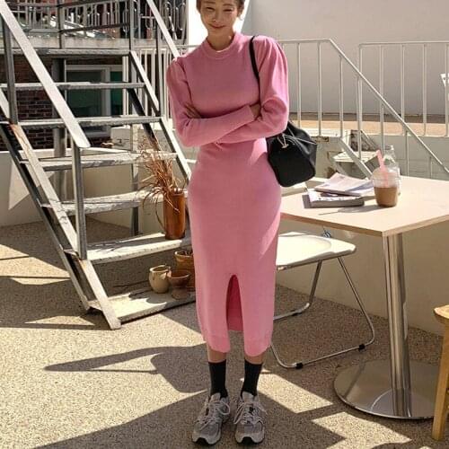 One-Piece Autumn Knit Dress For Women Korean Office Woman Slim Pullover Sweater Dress 2020 New Winter Pink Knitted Sweater Dress