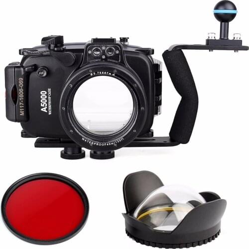 40m 130ft Waterproof Underwater Diving Camera Case For Sony A5000 16-50mm + Diving handle + Fisheye Lens dome port + Filter