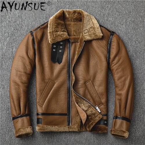 AYUNSUE Winter Real Fur Coat Men Natural Sheep Shearling Jacket Mens Genuine Leather Flight Jacket Sheepskin Coats 2020 KJ5104