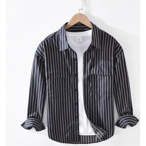 Camisas Para Hombre 2021 Mens Trendy Tooling Shirt Spring Large Size Loose Striped Lapel Cotton Shirt for Men