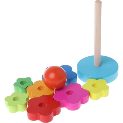 Baby Kid Education Wooden Toy Stacking Nest Learning Stack Up Rainbow Tower Ring
