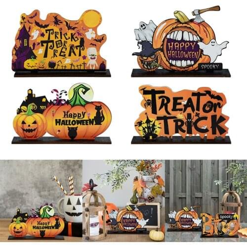 Wooden Halloween Ornaments Wood Craft Desktop Decorative Pumpkin Ghost Trick or Treat Pendants for Home Party Door Hanging Signs