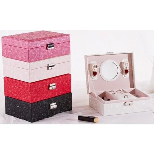 Double-layer Jewelry Box Built-in Mirror Faux Leather Bracelet Earring Case Organization Home Storage
