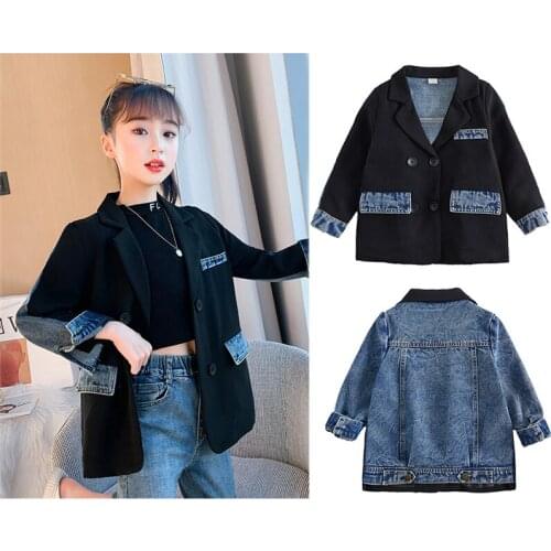 Fashion toddler girl denim jacket black blue splicing jacket denim for 2-12years girls kid pop jeans tops girls clothes