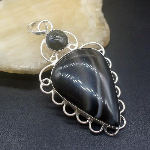 Hermosa Jewelry Natural Black BotswanaAgate Labradorite Silver Color Charm Fashion Necklace Pendant for Women Gifts 70mm FQ43