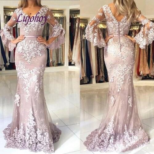 Long Sleeve Lace Evening Dresses Party Mermaid Plus Size Women Ladies Sexy Prom Formal Evening Gowns Dresses