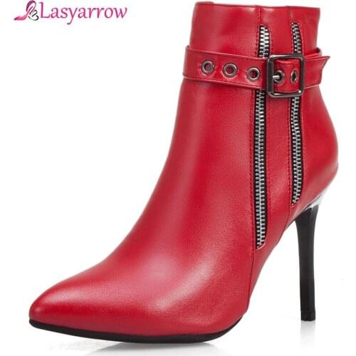 Lasyarrow 2019 Fashion Pointed Toe Add Fur sexy Boots Woman Shoes Thin High Heels Zipper party Shoes Woman Ankle Boots J999