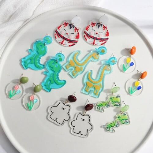 Lifefontier Creative Cartoon Acrylic Drop Printing Earrings for Women Cute Green Dinosaur Tulip Flower Dangle Earrings Jewelry