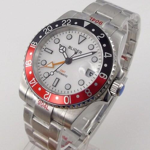 40mm Bliger White Sterile Dial Sapphire Glass GMT Date Rotating Bezel Automatic Mens Watch