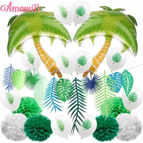 Amawill Hawaiian Party Decoration Kit Tropical Palm Leaves Paper Garland Monstera Latex Balloons Green Paper Flower Pompom 7D