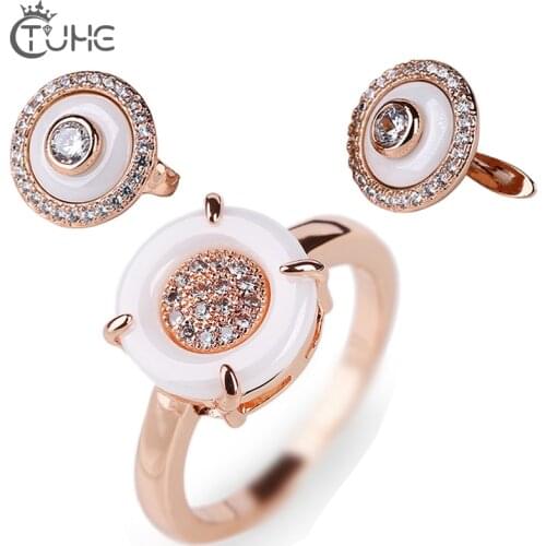 2018 Crystal Jewelry Sets For Women Rose Gold Color Black Inlay Rhinestone Ceramic Womens Earrings Rings Wedding Jewelry Gift