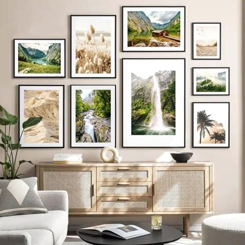 Forest Waterfall Reed Palm Beach Mountain Wall Art Canvas Painting Nordic Posters And Prints Wall Pictures For Living Room Decor