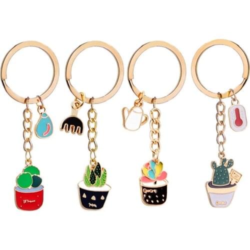 2019 NEW creative Japanese Korean style Ornament Cactus key chain zinc alloy drop oil keyring Personality Plant Potted keychain