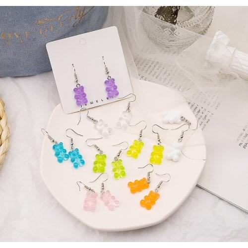 Origin Summer Cute Candy Colors Little Bear Dangle earrings for Women Kawaii Transparent Resin Hook earrings Jewelry Accessories