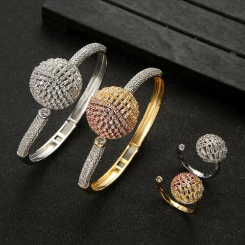 Luxury Ball Bangle Ring Set For Women Full Micro Cubic Zircon Pave Party Wedding Saudi Arabic Dubai Jewelry Sets