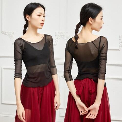 Adult Sexy Mesh Belly Dance Top Transparent Blouse Shirt Long Costume for Women Oriental Dancing Clothes Dancer Wear Clothing