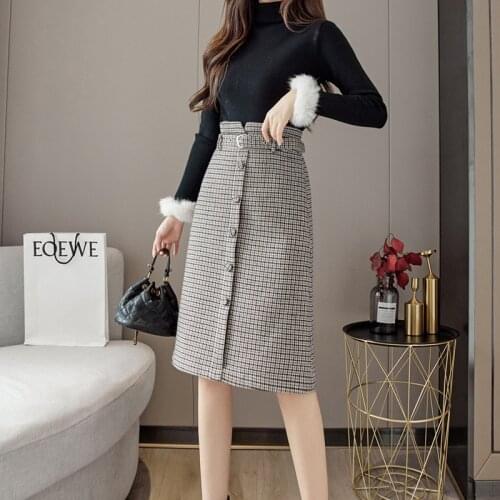 High Waist Woolen Plaid Skirt Women Autumn Winter New Retro Straight Midi Skirt Women Buttoned Thin Package Winter Skirt Female