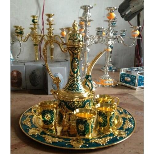 Green color metal wine set/tea set, fashion zinc alloy wine 1 set= 1 plate 1pot +6 cups copper tools wedding Decoration Brass